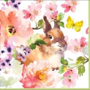 Two (2) Single Individual Decoupage Luncheon Size Napkins ~ Bunny Blossom